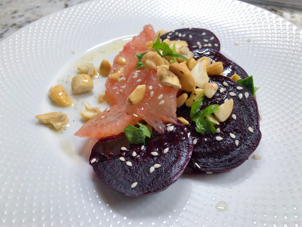 Red Beet & Grapefruit Salad With Salted Cashews, Goat Cheese, and a Sesame Vinaigrette - I Feel Like