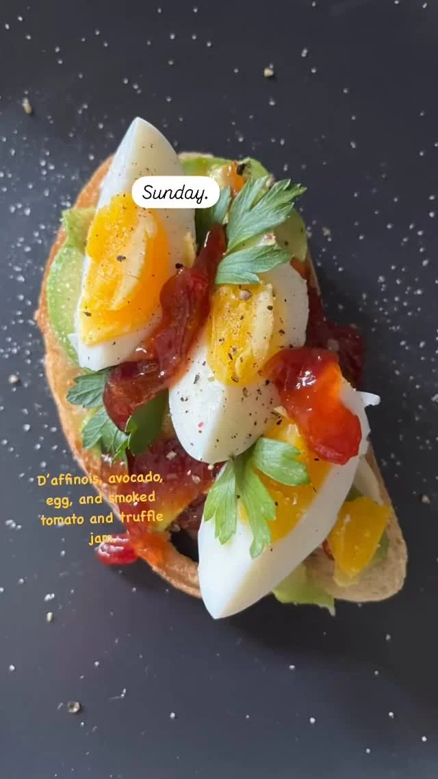 D’affinois brie, avocado, egg, and smoked tomato and truffle jam. I was inspired….. #caminecooks #blingcuisine #ifeellikecooking #homechef