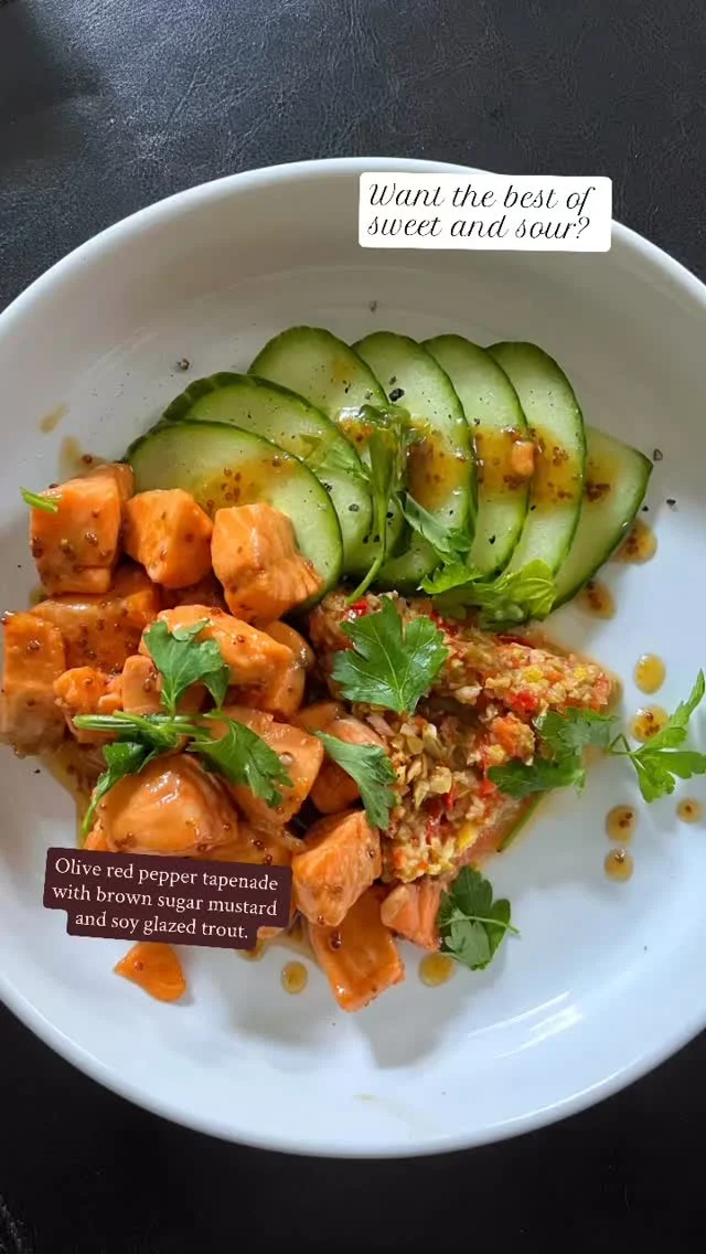 Adventure in my kitchen! Make a tapenade with red pepper and green olives and lemon. Sauté trout that’s been marinated in brown sugar, grainy mustard, cider vinegar and soy. COULDN’T STOP snarfing! #caminecooks #blingcuisine #ifeellikecooking #pescatarian #homechef #goodeats